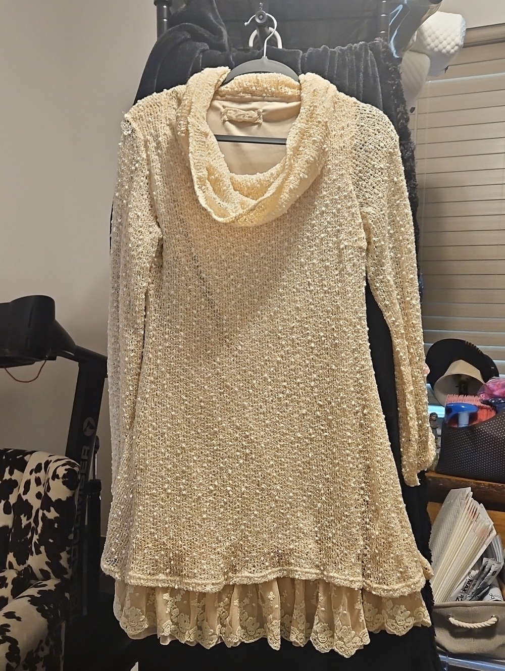 A'Reve Ivory Cowl Neck Knit Sweater Dress with Lace Hem